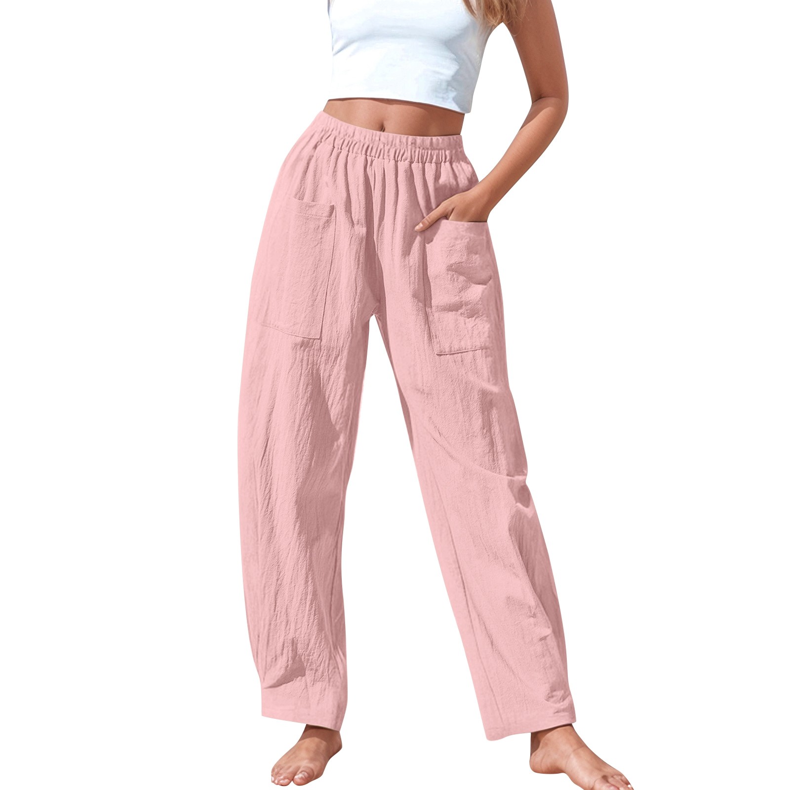 thumbnail image 1 of Pantalones elásticos de lino de cintura alta para mujer, informales: pantalones ligeros de verano para hacer ejercicio, 1 of 4